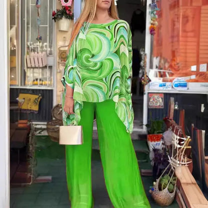 Women Fashion Trousers Two Piece Set For Women 2024 Summer Loose Casual Print Blouse Elegant 2 Piece Sets Woman Tops+Pants Suit Good Vibrations