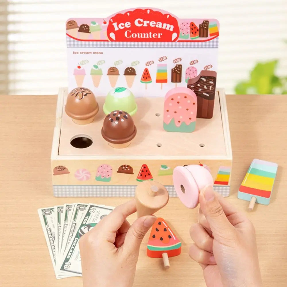 Wooden Role-playing Ice Cream Toy Play House Pretend Play Counter Playset Pretend Toys Miniature Montessori Good Vibrations