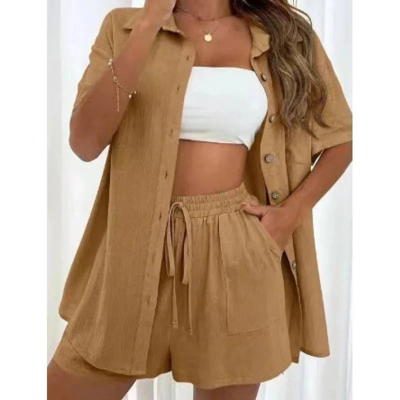 Fashion Black Short Sleeve Shirt And Shorts Two Piece Sets Women 2025 Summer Cotton Linen Casual Home 2 Piece Sets Women Outfit Good Vibrations
