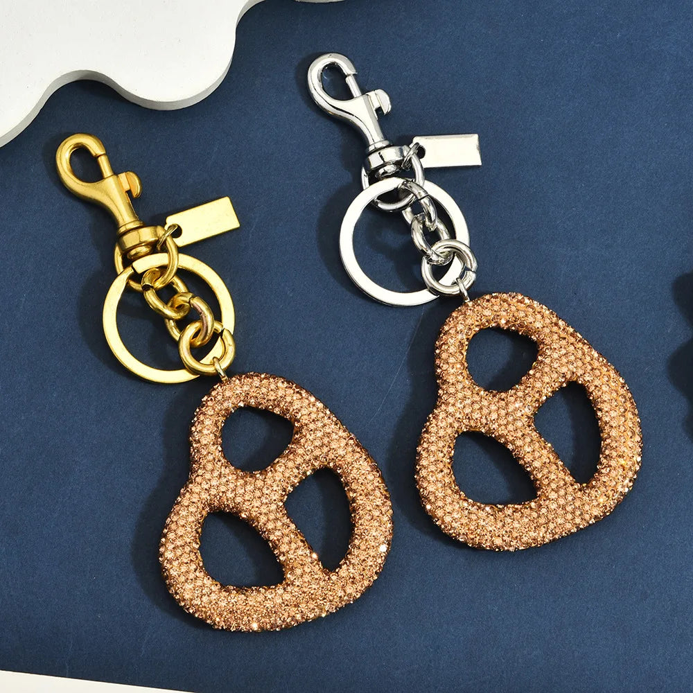 Rhinestone Pretzel Bag Charm Keychain Crystal Gold Hardware Sparkly Purse Pendant Accessory Cute Funny Foodie Gifts For Friends Good Vibrations