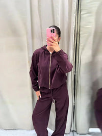 Casual Solid Hoodie Pants Set Women Zippers Loose Full Sleeve Coats Long Wide Leg Pant Sets Female 2025 Autumn New Lady Outfits Good Vibrations