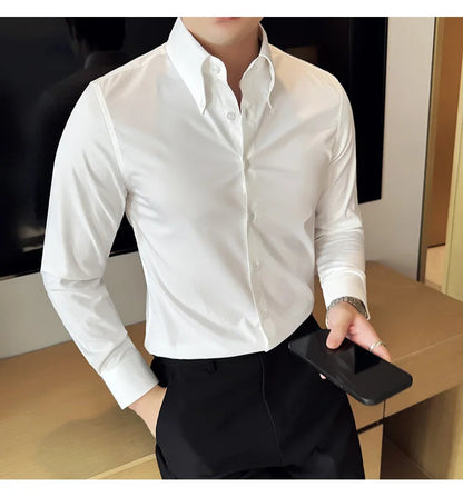 High Quality Versatile Business Casual Shirt Men Korean Fashion Long Sleeved Slim Fit Shirt Office Work Uniform Men Clothing 6XL Good Vibrations