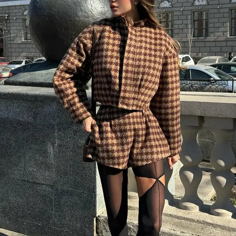 Aoaiiys 2 Piece Sets Womens Outfits Vintage Plaid Jacket Sets High Waist Casual Chic Shorts Set Spring Autumn New Fashion Set Good Vibrations