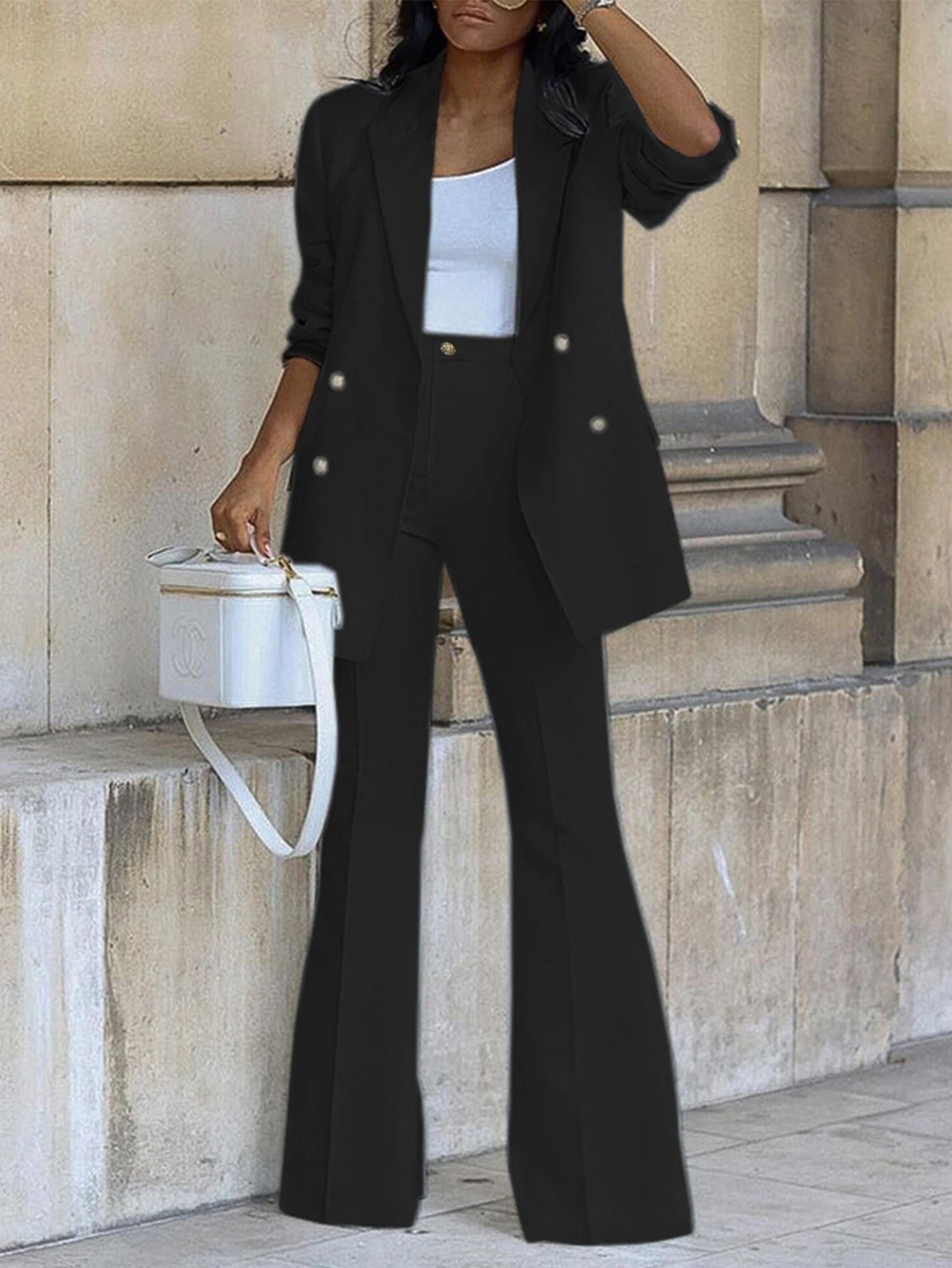 Women's Sets All Season Decent Business Plain Double Breasted Long Sleeve Lapel High Waist Full Length Formal Pants Sets Good Vibrations