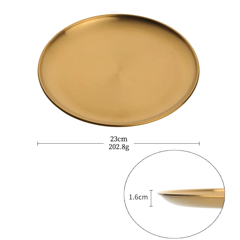Stainless Steel Dinner Plates European Style Dessert Plate Kitchen Serving Dishes Salad Plate Cake Tray Western Steak Round Tray Good Vibrations