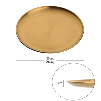 Stainless Steel Dinner Plates European Style Dessert Plate Kitchen Serving Dishes Salad Plate Cake Tray Western Steak Round Tray Good Vibrations