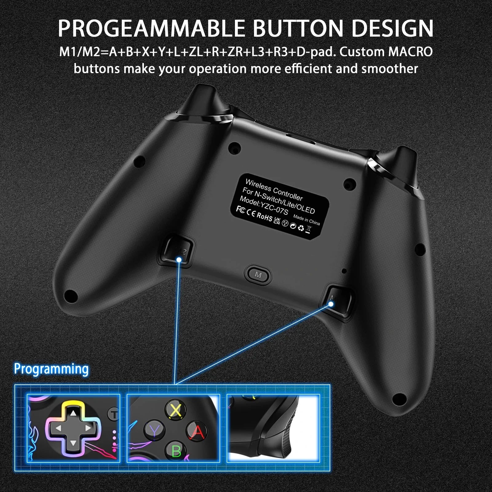 This product is S-witch/ OLED/ LIte/ professional controller, programming back button/support TURBO continuous play/six axis/vib Good Vibrations