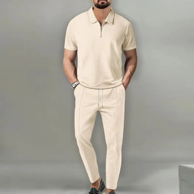2025 Spring and Autumn New Men's Solid Color Set Lapel Short Sleeve Zipper Pants Set suits for men Good Vibrations
