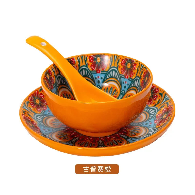 Ceramic Tableware Set Three-Piece Household Rice Bowl Plate Spoon Set Restaurant Hot Pot Barbecue Shop Commercial Good Vibrations