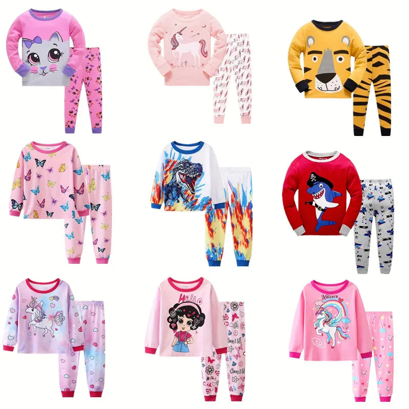 2pcs Girls Casual Cartoon Unicorn Print Crew Neck Pink Cotton Pajama Sets Good Vibrations