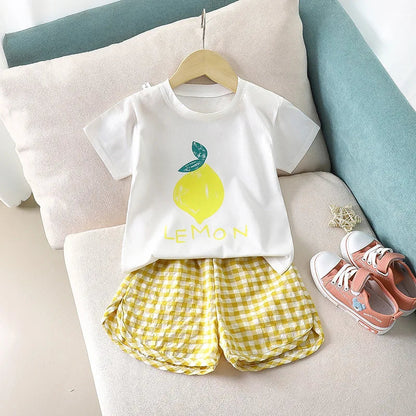 Fruit T-shirt Plaid Shorts Girls 2pc/set Summer Children's Clothes Cotton Kids Short Sleeved Suit Fashion Baby Clothing 1-6Y Good Vibrations
