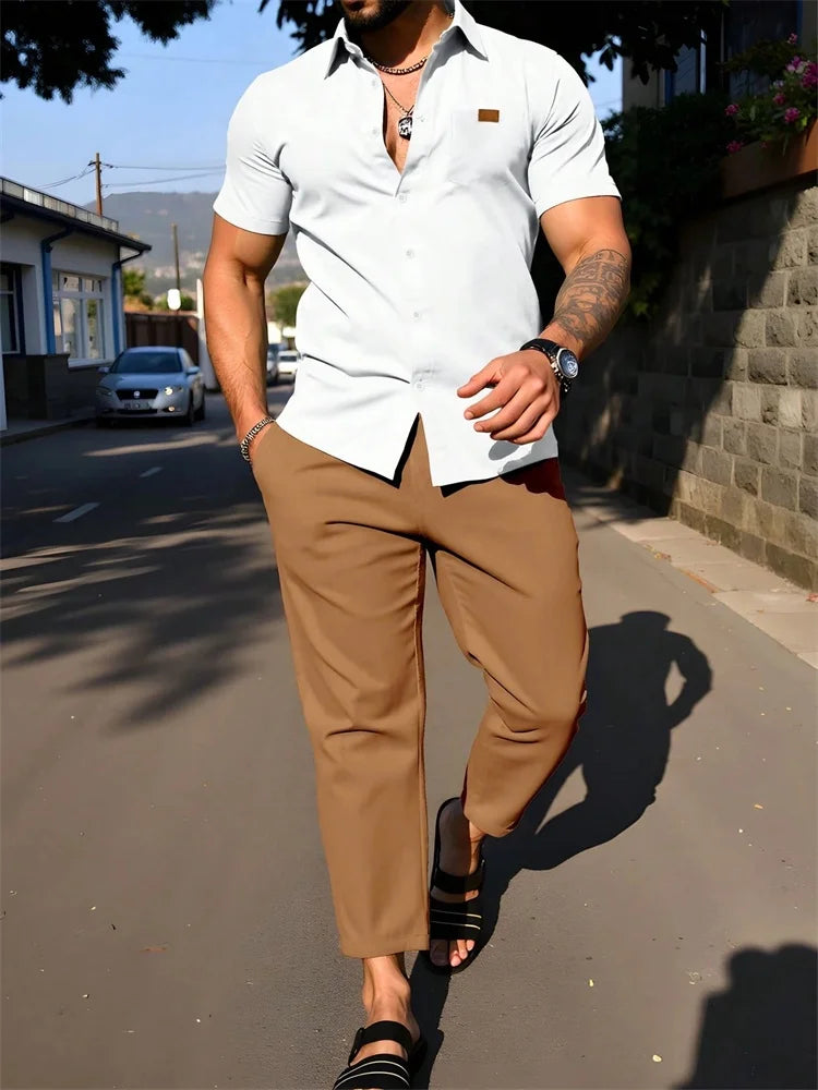 2025 Autumn Geometric Color Block Printed Short-sleeved Set, 2pcs Daily Casual And Loose Men's Shirt Set, Casual And Fashionable Good Vibrations