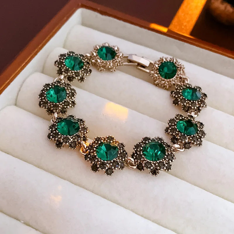 Rhinestone Green Circle Flower Necklace for Women Medieval Vintage Bracelet French Luxury Dainty Earrings Jewelry Sets Wholesale Good Vibrations Adult Super Store