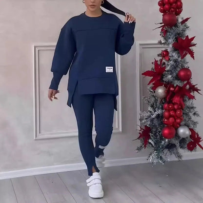 2pcs Women Sport Suit Hoodie Sweatshirt Winter Loose Irregular Top + Leggings Pant Casual Jogger Outfit  Sports Two-piece Set Good Vibrations