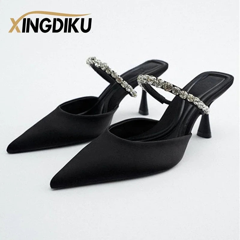 High Heel Sandals Summer 2022 New Pointed Toe Stiletto Black Sexy Ladies Sandals Rhinestone Sequins Big Size Slippers shoe woman Good Vibrations