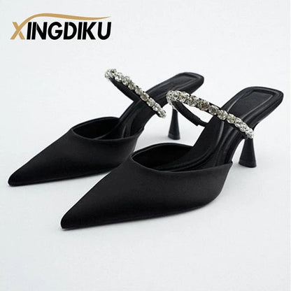 High Heel Sandals Summer 2022 New Pointed Toe Stiletto Black Sexy Ladies Sandals Rhinestone Sequins Big Size Slippers shoe woman Good Vibrations