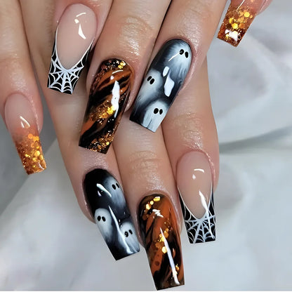 24pcs Halloween Press on Nails with Skull Black Spider Wed Design French Fake Nail Patch Full Cover Wearable False Nail Tips Good Vibrations