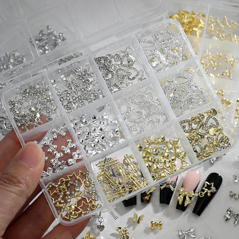 120pcs/box 3D Gold Bow Butterfly Nail Metal Charms Shiny Cute Bowtie/Diamond Star Nail Jewelry 120 Luxury Nail Art Supplies #RE4 Good Vibrations