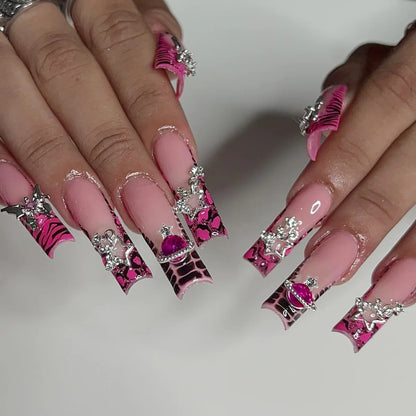 Rose Pink Long Coffin Fake Nails French Style Leopard Star Printed Press on Nails Y2K Girls Charms Manicure Black False Nails Good Vibrations