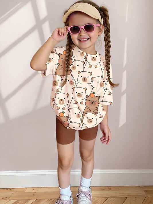 2Pcs Girls' Summer Shorts Set: Cute Cartoon "Capybara" Short-Sleeve Round Neck Top + Elastic Waist Solid Color Printed Slim Shorts. Girls' Casual Outdoor Wear, Versatile, Skin-Friendly, Soft Children's Clothing. Fashionable, Good Vibrations
