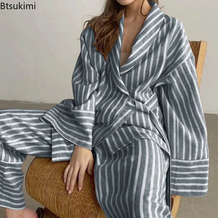 Women's Two-piece Set  Autumn New Striped Long-sleeved Loose Lace-up Top High-waisted Trousers Fashion Casual Suit for Women Good Vibrations