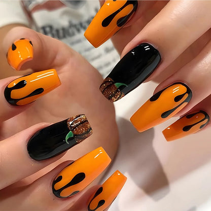 24PCS Halloween Fake Nails Black Water Droplet Shape With Pumpk in Acrylic Nails Press on Nails Gifts For Women And Girls Good Vibrations