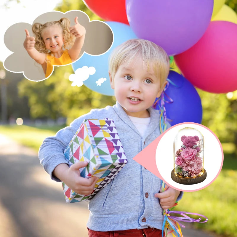 Valentine's Day Gift for Girlfriend Eternal Preserved Rose Flower Gift Box Teddy Bear Eternal Flower with Lights Gift for Women Good Vibrations