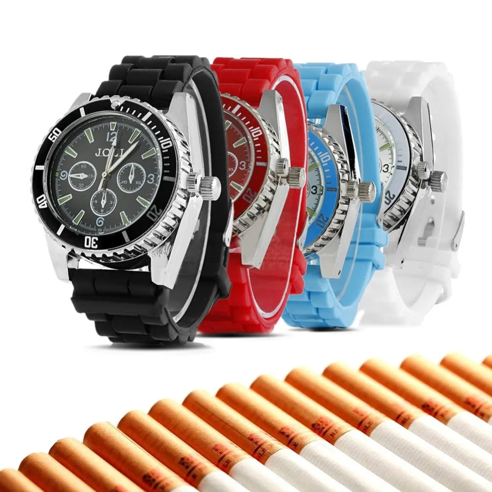 Portable watch style herb grinder in various colors alongside cigarettes, ideal for outdoor travel and DIY smoking.