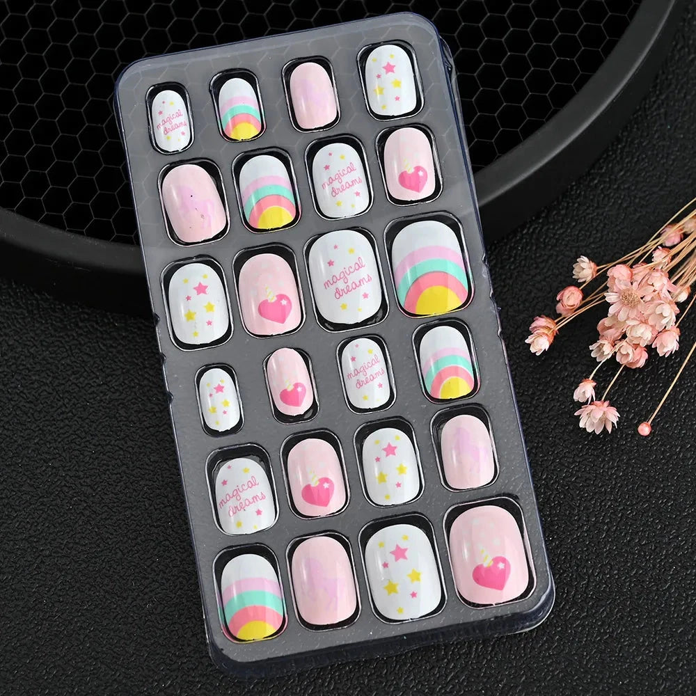 24 Pcs/box Children Cartoon Nail Tips Colorful Artificial Fake Nails for Cute Kids Girls Full Cover Short False Nail Art Kits* Good Vibrations