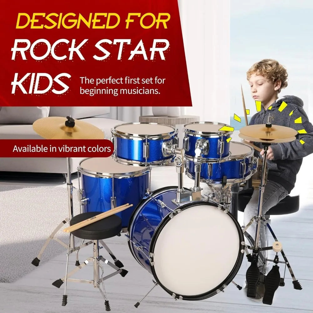 Kids 5-Piece Complete Junior Drum Set with Genuine Brass Cymbals with 16" Bass Drum, Tom-Tom, Snare, Cymbals, Hi-Tone Good Vibrations