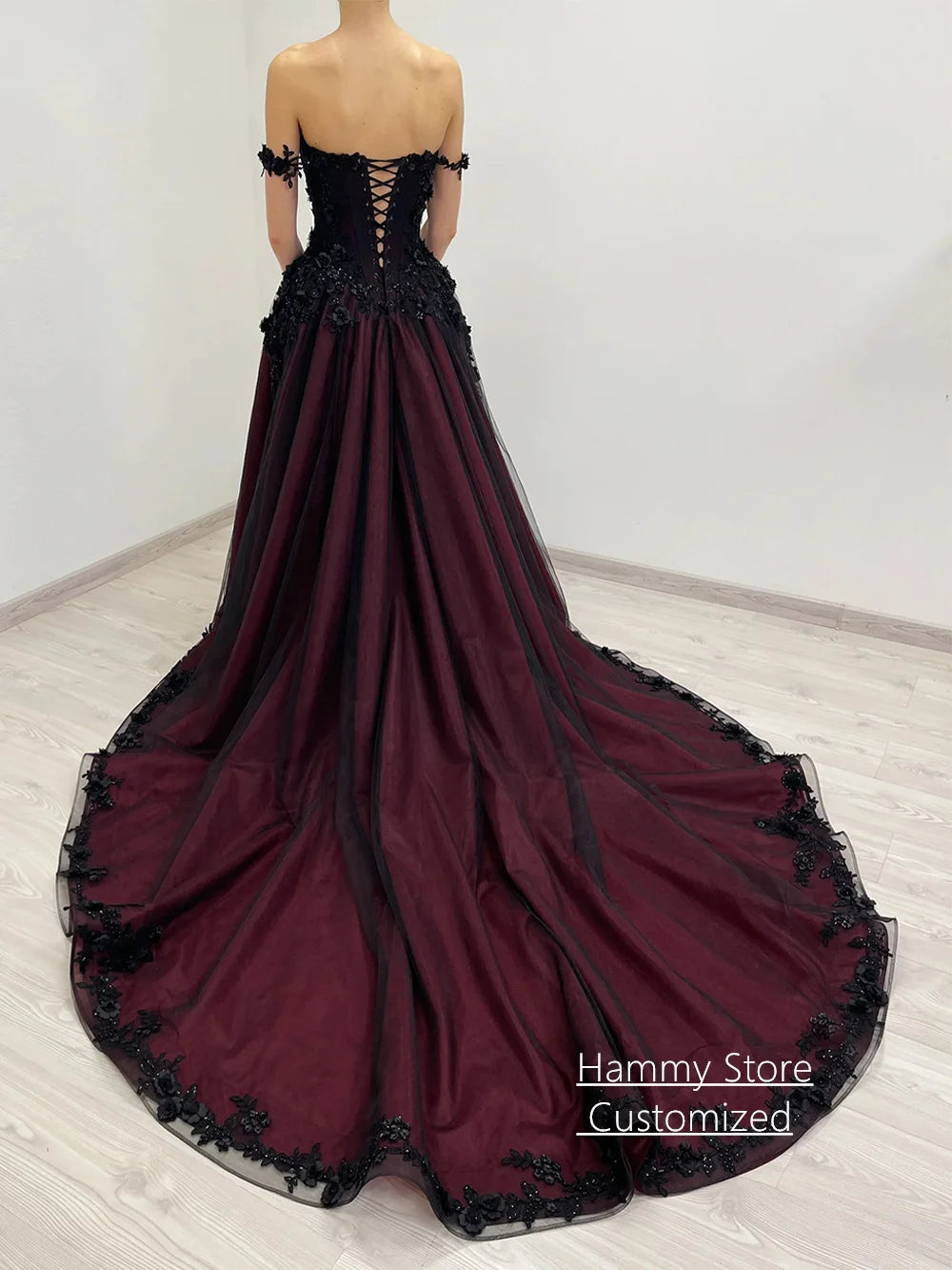 Gothic Wedding Dress Customized Off The Shoulder V Neck Flowers Applique Court Train Black Burgundy A Line Bridal Gown Good Vibrations