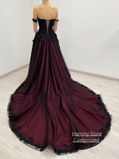 Gothic Wedding Dress Customized Off The Shoulder V Neck Flowers Applique Court Train Black Burgundy A Line Bridal Gown Good Vibrations