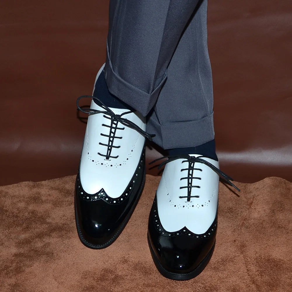 Formal Oxfords Shoes for Men White Black Real Cow Patent Leather Business Lace-up Wingtip Toe Brogue Wedding Mens Dress Shoes Good Vibrations