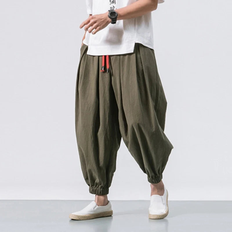 Cotton Linen Harem Pants Men Solid Elastic Waist Streetwear Joggers 2023 New Baggy Drop-crotch Pants Casual Trousers Men Good Vibrations