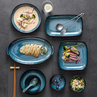 Blue Kiln Glazed Ceramic Plates, Microwaveable Dinner Plates, Round Rice Salad Bowls, Household Tableware Good Vibrations