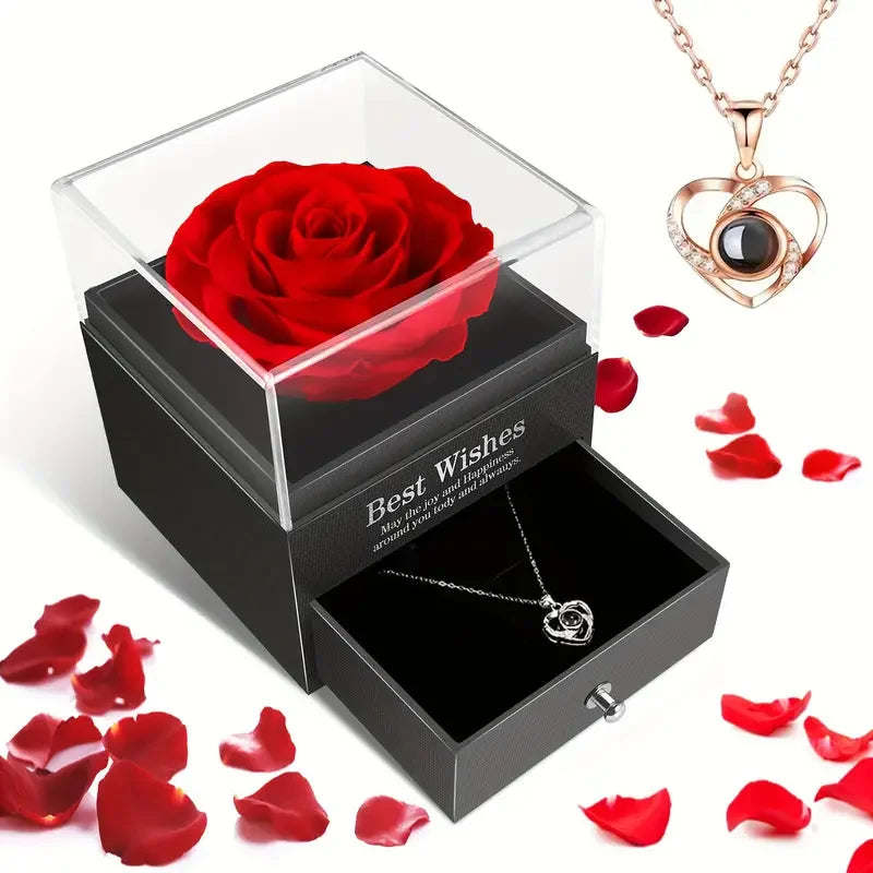 1 Set Artificial Flower Gift Box with I Love You Necklace - Christmas, Valentines Day, Mothers Day,  Anniversary, Birthday Gifts Good Vibrations