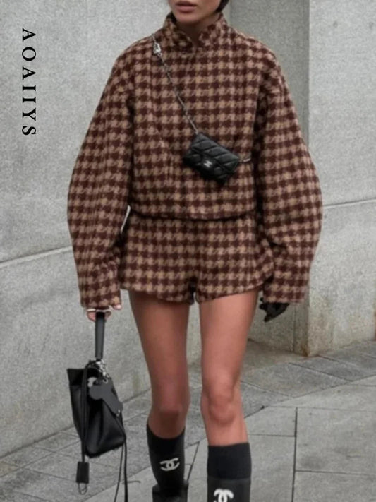 Aoaiiys 2 Piece Sets Womens Outfits Vintage Plaid Jacket Sets High Waist Casual Chic Shorts Set Spring Autumn New Fashion Set Good Vibrations