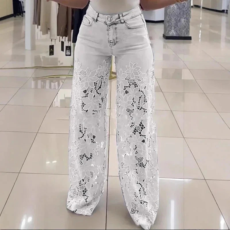 Ladies Sexy Lace Hollowed Out Jeans Summer Retro Solid Color Wide Leg Pant 2025 Casual Crochet Spliced High Waist Trousers New Good Vibrations