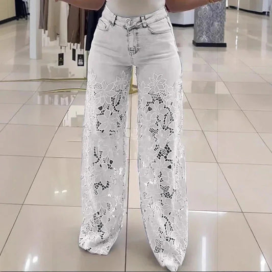 Ladies Sexy Lace Hollowed Out Jeans Summer Retro Solid Color Wide Leg Pant 2025 Casual Crochet Spliced High Waist Trousers New Good Vibrations