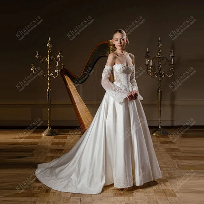 Glamorous Wedding Dresses A Line Satin Bridal Gowns Lace Appliques Strapless Backless Robes Vestidos De Novia Customized 2025 Good Vibrations
