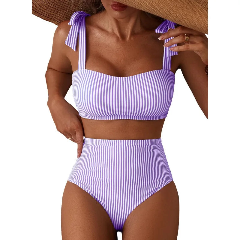 Women's 2026 Two Piece Bikini Set Striped High Waist Tie Shoulder Swimsuit Summer Beachwear Good Vibrations