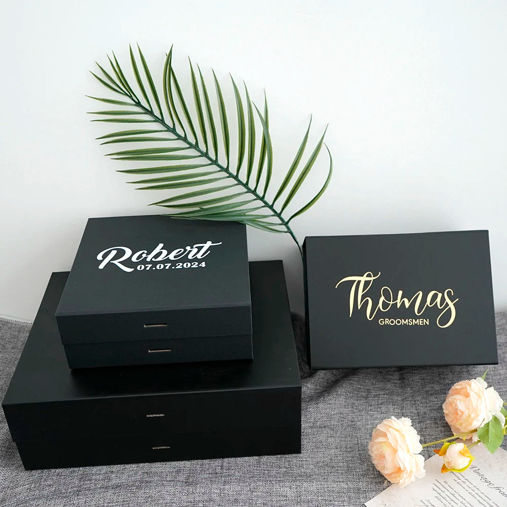 Personalized Black Gift Box Groomsmen/Best Man Empty Gift Box Wedding Bachelor Party Thank You Favors Will You Be My Groomsmen Good Vibrations