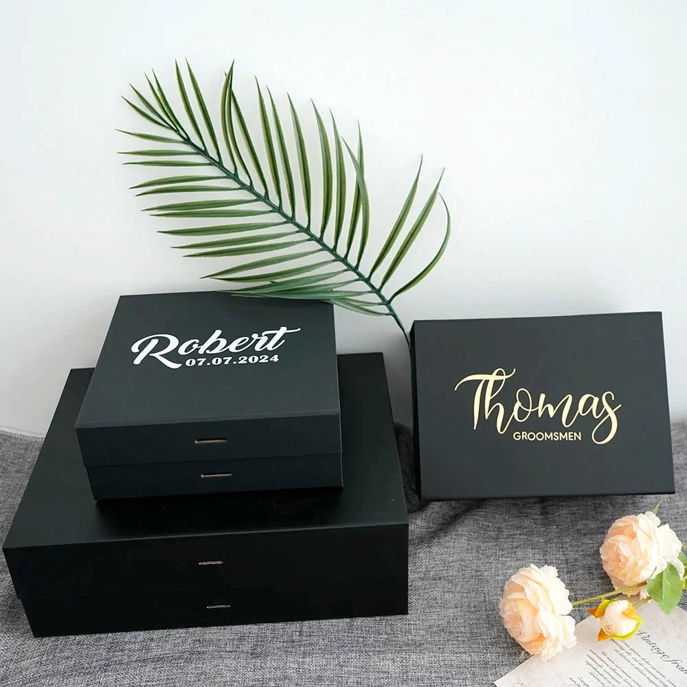 Personalized Black Gift Box Groomsmen/Best Man Empty Gift Box Wedding Bachelor Party Thank You Favors Will You Be My Groomsmen Good Vibrations
