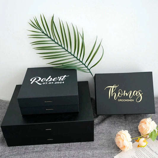 Personalized Black Gift Box Groomsmen/Best Man Empty Gift Box Wedding Bachelor Party Thank You Favors Will You Be My Groomsmen Good Vibrations