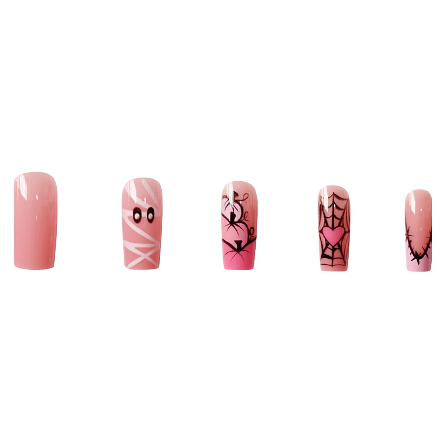 24pcs Sweet Cool Halloween False Nails Pink Medium Coffin French Fake Nails Bandage Ghost Spiderweb Pumpkin Design Press On Nail Good Vibrations