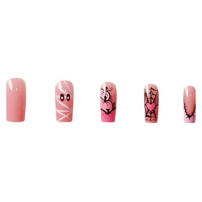 24pcs Sweet Cool Halloween False Nails Pink Medium Coffin French Fake Nails Bandage Ghost Spiderweb Pumpkin Design Press On Nail Good Vibrations