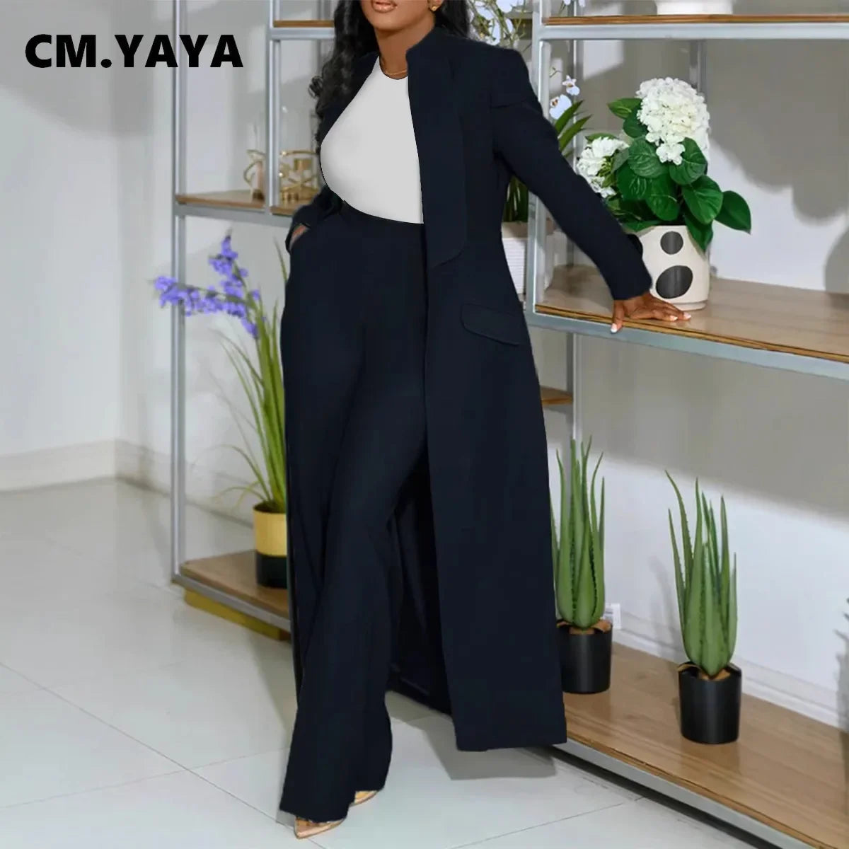CM.YAYA Women's Set Full Sleeve X-Long Blazer Coat+ Long Pant Suit 2025 Spring Streetwear Two 2 Piece Set Africa OL Work Outfits Good Vibrations