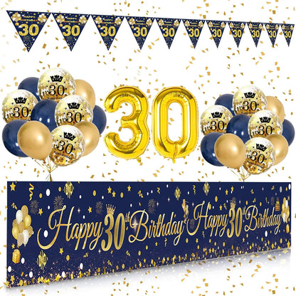 30th/40th/50th/60th/70th Birthday Decorations Men Women Birthday Balloon Garland Kit Happy Birthday Banner Blue Gold Balloon Good Vibrations