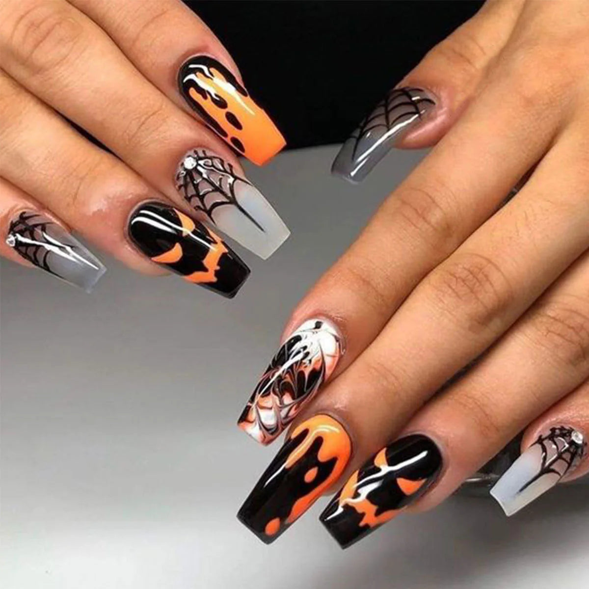 24Pcs Halloween False Nails Ghosts Bats Fake Nails Short Square Press on Nails Full Cover Nail Tips Manicure Tools Good Vibrations