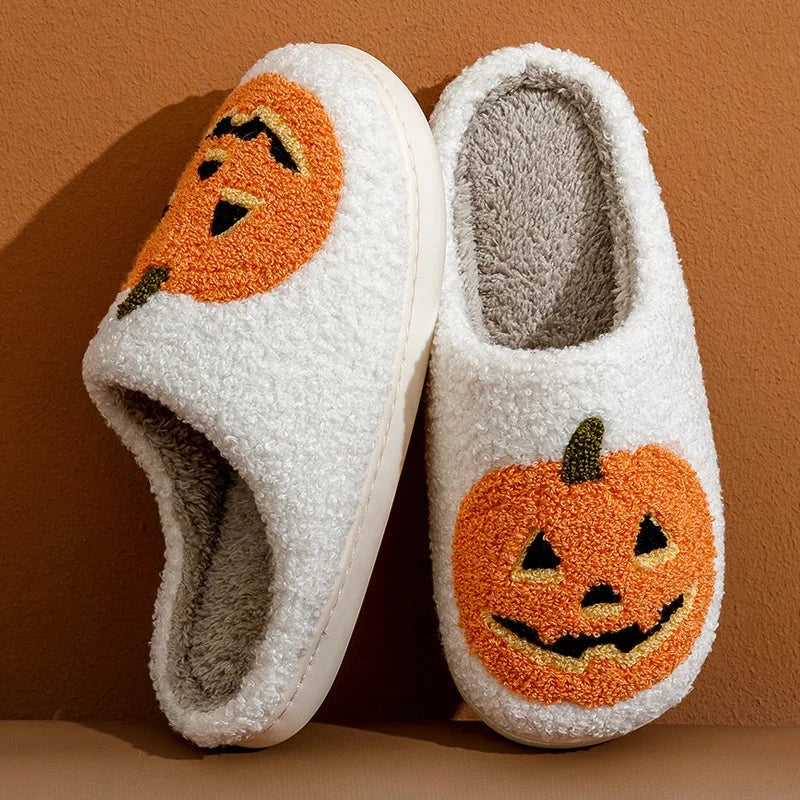 Smile Pumpkin Halloween Women's Slippers Winter Indoor Cartoon Comfort Home Bedroom Soft Causal Flat Plush Shoes for Gift Good Vibrations